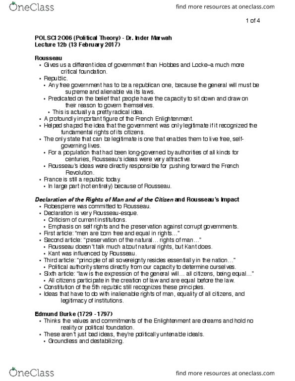 POLSCI 2O06 Lecture Notes - Lecture 12: Maximilien Robespierre, Radical Change, Monarchy Of The United Kingdom thumbnail