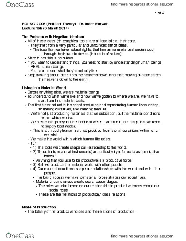 POLSCI 2O06 Lecture Notes - Lecture 16: Productive Forces, Thrasymachus, Materialism thumbnail