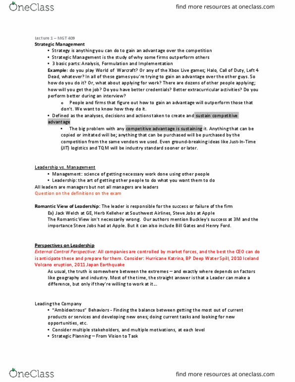 MGT 409 Lecture Notes - Lecture 1: Michael Ovitz, Herb Kelleher, Stakeholder Management thumbnail