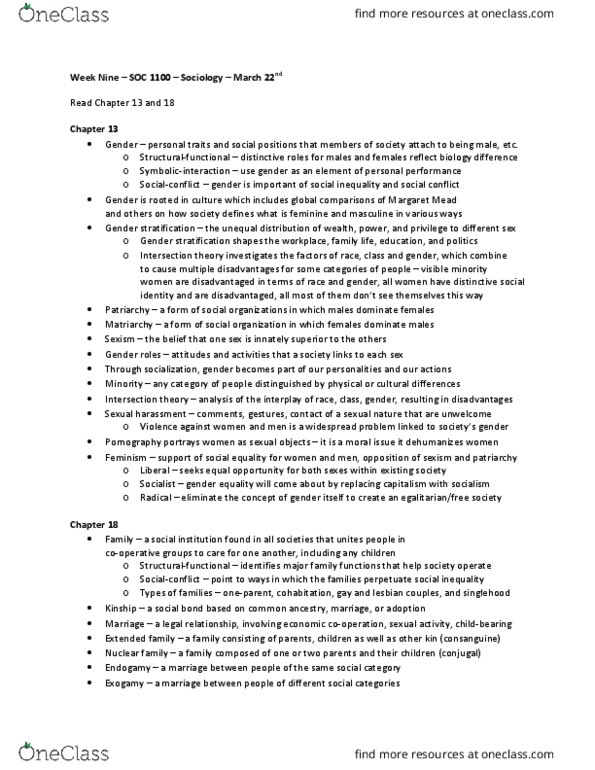 SOC 1100 Lecture Notes - Lecture 9: Intersection Theory, Patrilineality, Bilateral Descent thumbnail