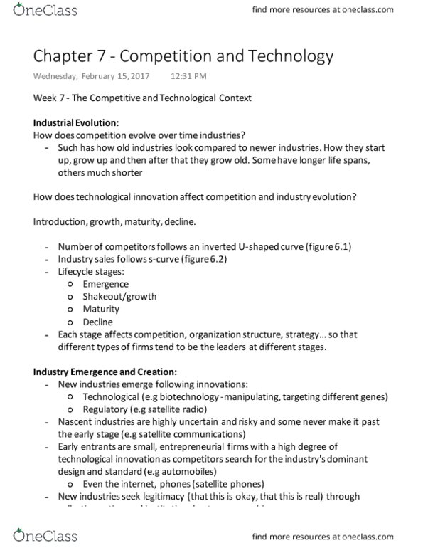 ADMS 1000 Lecture Notes - Lecture 6: Wintel, Dominant Design, Technology Life Cycle thumbnail