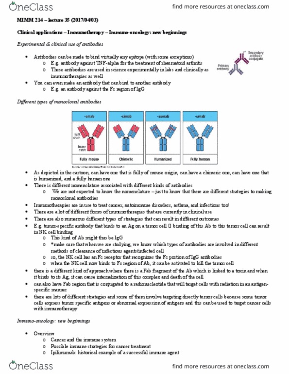 MIMM 214 Lecture Notes - Lecture 35: Monoclonal Antibody, Ctla-4, Regulatory T Cell thumbnail