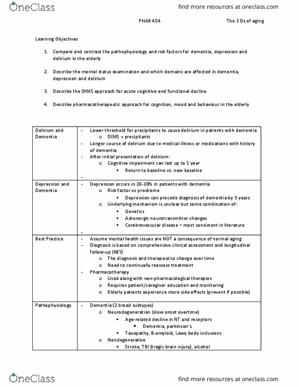 PHAR 454 Lecture Notes - Lecture 10: Mental Status Examination, Geriatric Depression Scale, Belize Dollar thumbnail