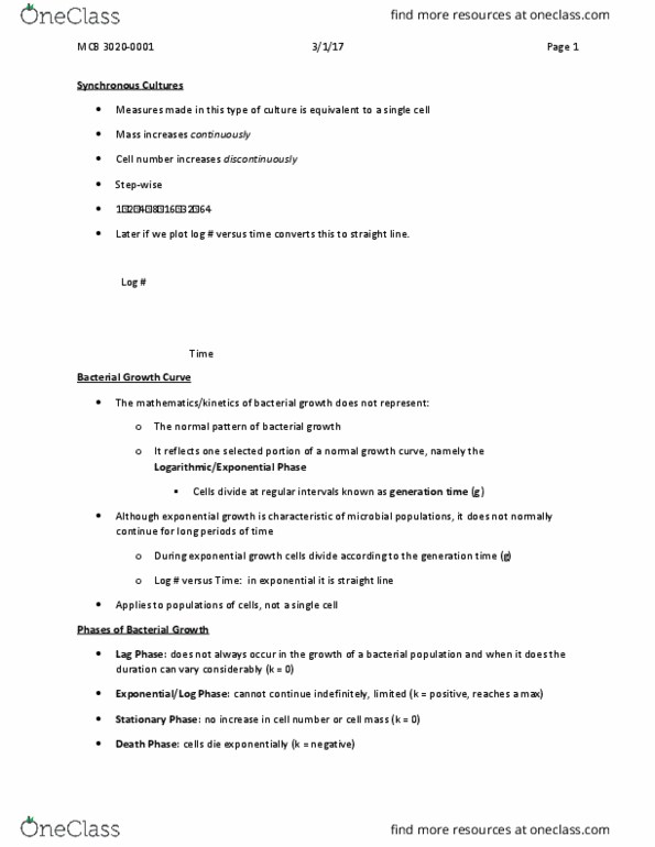 MCB 3020C Lecture Notes - Lecture 20: Lactose Permease, Relative Growth Rate, Exponential Growth thumbnail