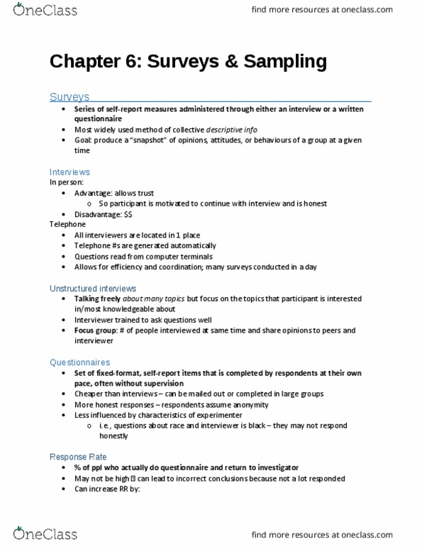 PSYC 2360 Chapter Notes - Chapter 6: Simple Random Sample, Stratified Sampling, Sampling Frame thumbnail
