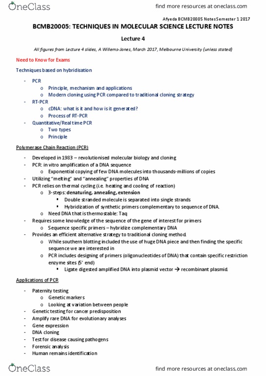 BCMB20005 Lecture Notes - Lecture 4: Taq Polymerase, Molecular Cloning, Complementary Dna thumbnail