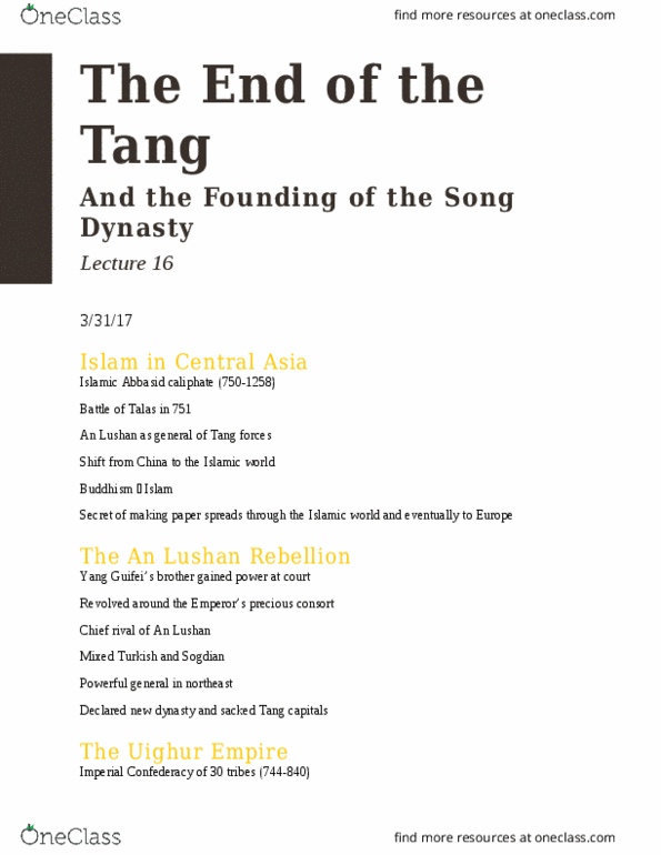 HIST 120 Lecture Notes - Lecture 16: Liao Dynasty, Commercial Revolution, Emperor Taizu Of Song thumbnail