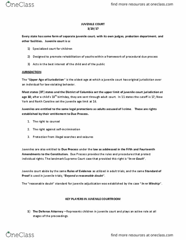 CJ 240 Lecture Notes - Lecture 14: Juvenile Court, Status Offense thumbnail