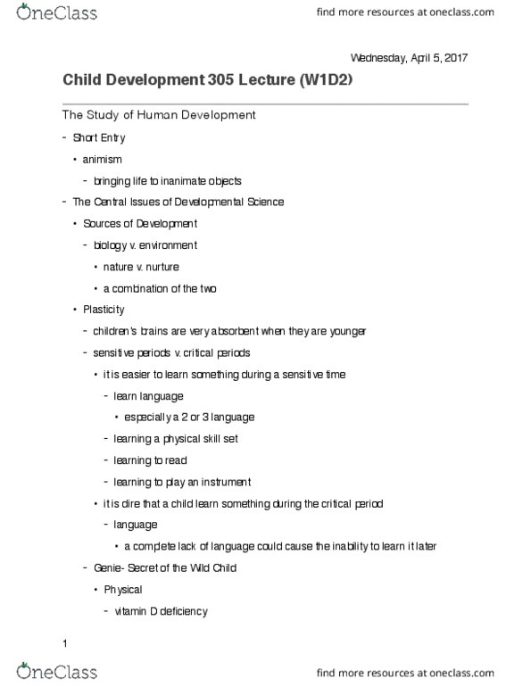 CD 305 Lecture Notes - Lecture 2: Toilet Training, Developmental Science, Animism thumbnail