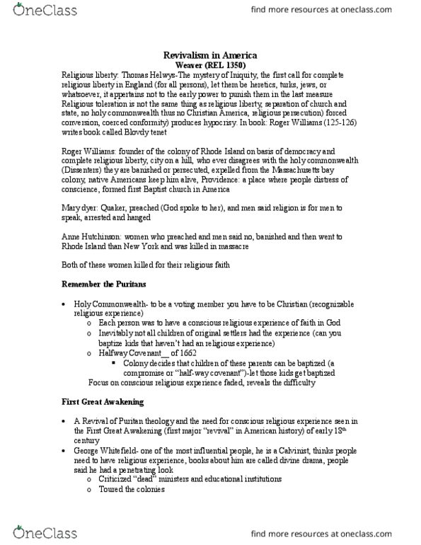 REL 1350 Lecture Notes - Lecture 23: Half-Way Covenant, Type Conversion, George Whitefield thumbnail