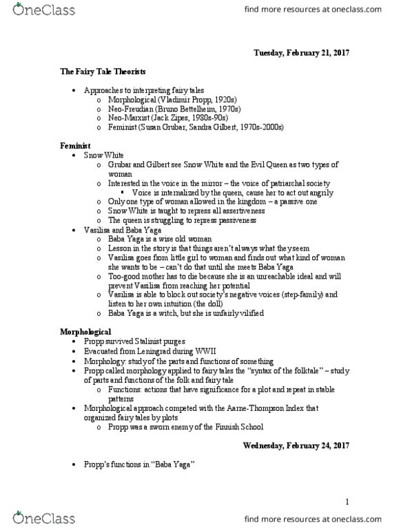 SLST 180 Lecture Notes - Lecture 12: Disneyfication, Sandra Gilbert, Jack Zipes thumbnail