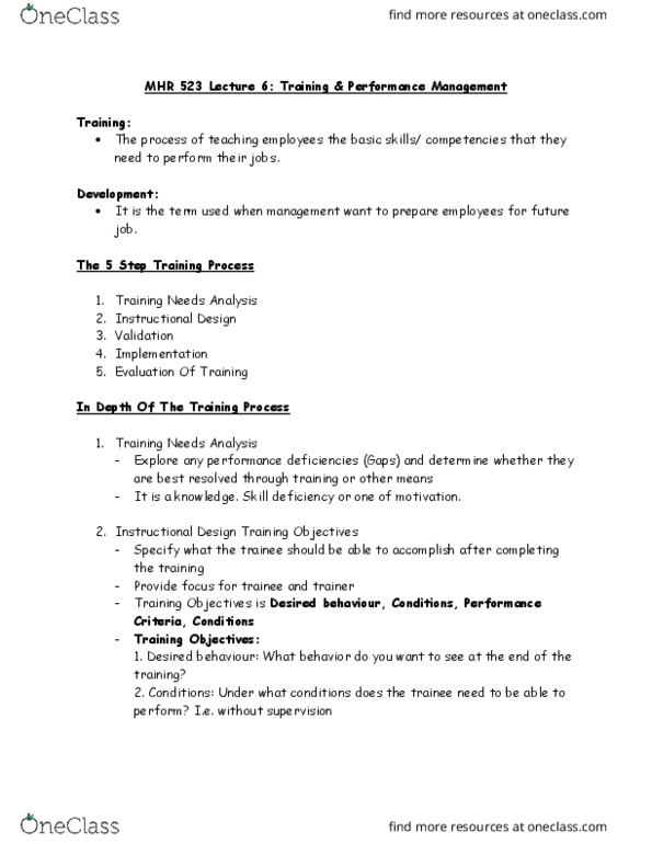 MHR 523 Lecture Notes - Lecture 6: Instructional Design, Performance Appraisal, Pilot Experiment thumbnail