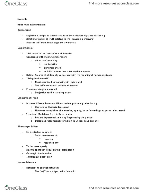 PSY 393 Lecture Notes - Lecture 3: Dasein, Rollo May, Umwelt thumbnail