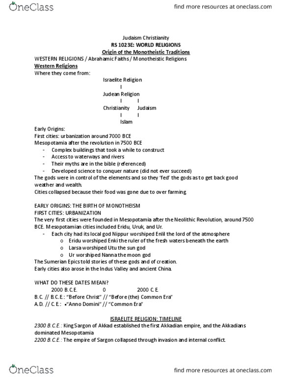 Religious Studies 1023E Lecture Notes - Lecture 1: Babylonian Captivity, Ancient Mesopotamian Religion, Eridu thumbnail