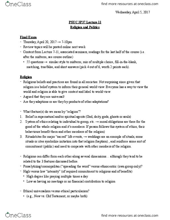 PSYC 3P37 Lecture Notes - Lecture 11: Agent Detection, Immortal Souls, Religion In Israel thumbnail