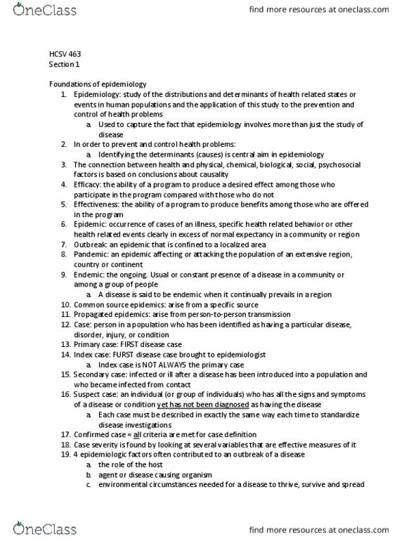 HCSV 463 Chapter Notes - Chapter 1: Index Case, Epidemiology, Common Source thumbnail