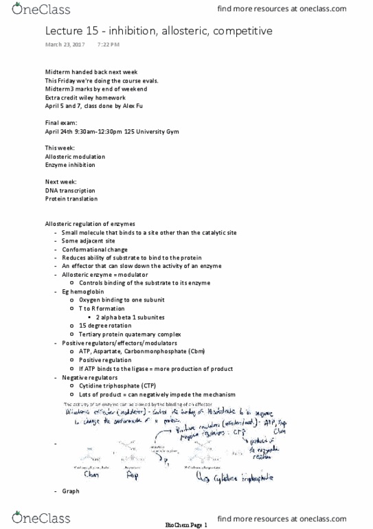 BCH 2333 Lecture Notes - Lecture 16: Monod-Wyman-Changeux Model, Enzyme Inhibitor, Cooperative Binding thumbnail