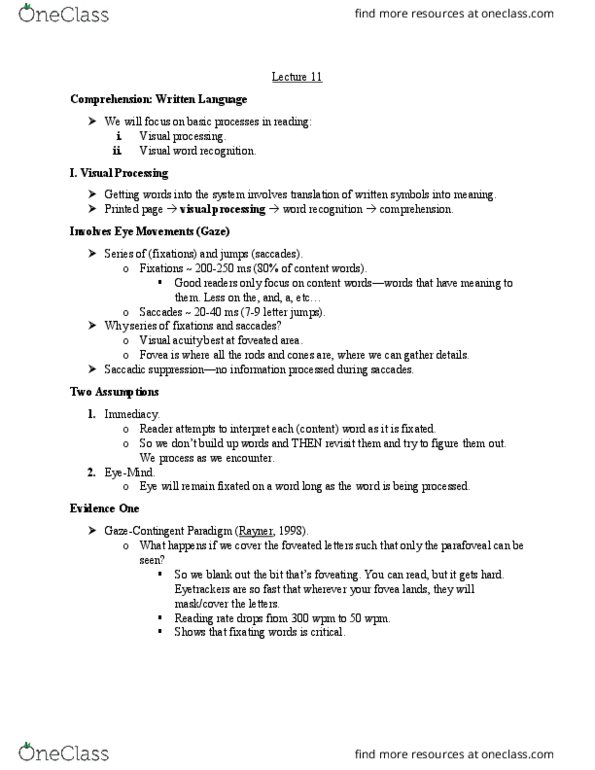 PSYC 2700 Lecture Notes - Lecture 11: Saccade, Word Lists By Frequency, Visual Acuity thumbnail