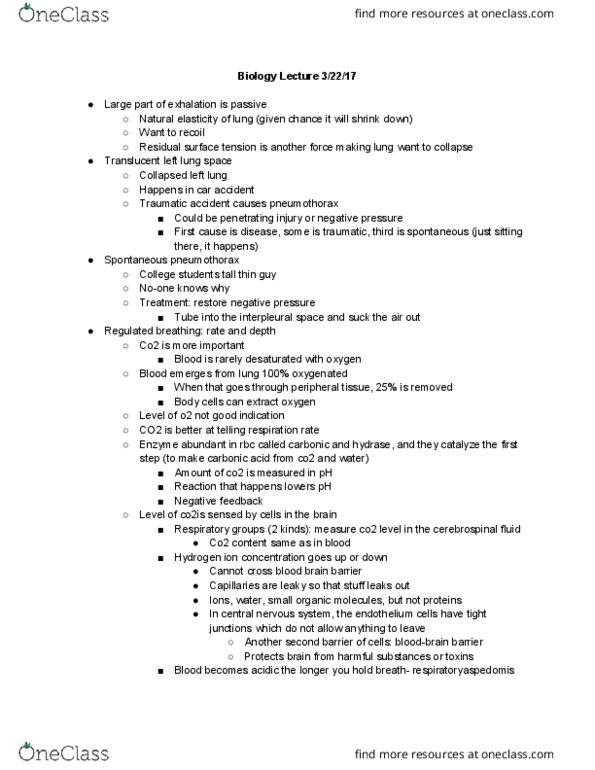 BISC 220Lg Lecture Notes - Lecture 17: Pneumothorax, Tight Junction, Negative Feedback thumbnail