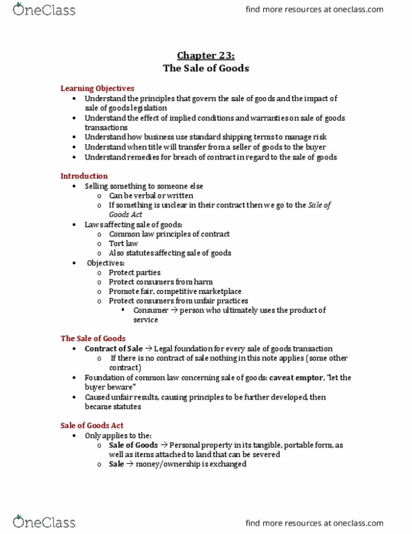 Management and Organizational Studies 2275A/B Lecture Notes - Lecture 9: Implied Warranty, United Nations Convention On Contracts For The International Sale Of Goods, Caveat Emptor thumbnail