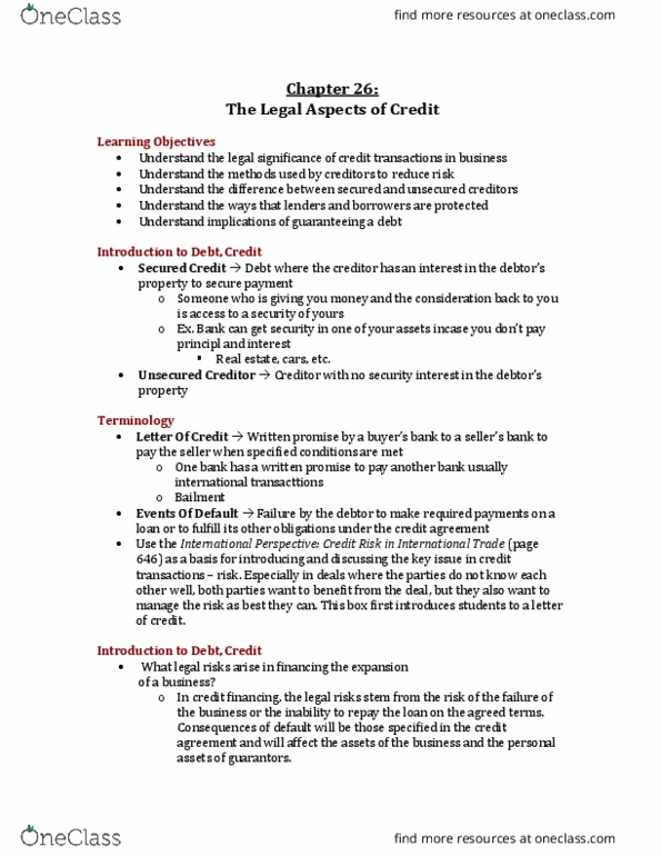 Management and Organizational Studies 2275A/B Lecture Notes - Lecture 10: Secured Creditor, Security Interest, Bailment thumbnail
