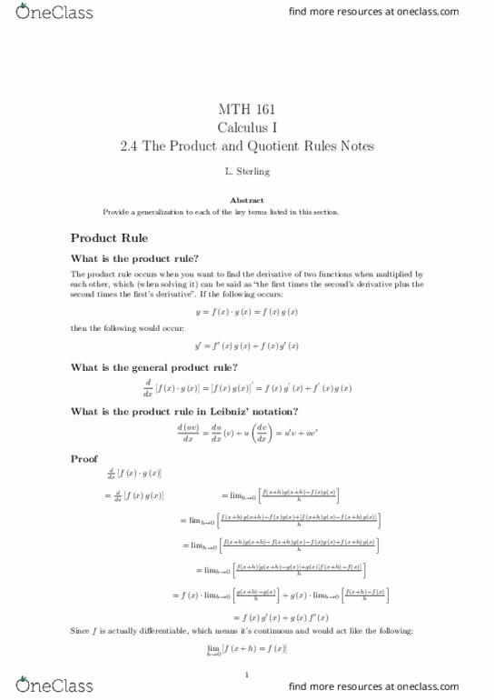 MTH 161 Lecture Notes - Lecture 11: Product Rule, Quotient Rule thumbnail