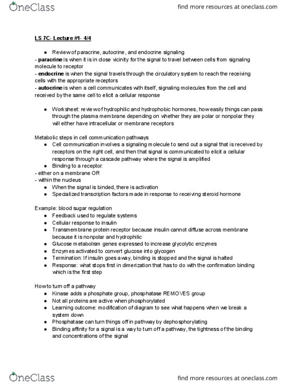 LIFESCI 7C Lecture Notes - Lecture 1: Transmembrane Protein, Paracrine Signalling, G Protein–Coupled Receptor thumbnail