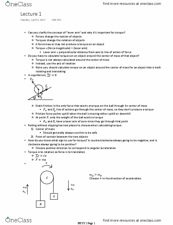PHYS 1 Lecture Notes - Lecture 1: Free Body, Angular Acceleration thumbnail