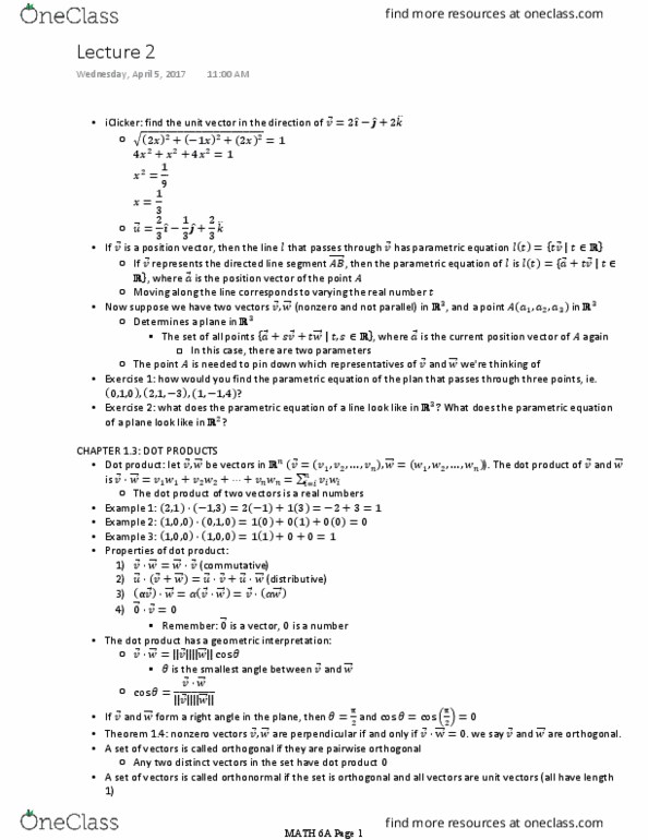 MATH 6A Lecture Notes - Lecture 2: Parametric Equation, Unit Vector, Dot Product thumbnail