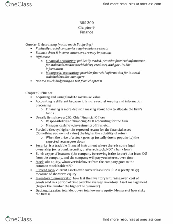 BUS 200 Lecture Notes - Lecture 9: Inventory Turnover, Financial Ratio, Modern Portfolio Theory thumbnail