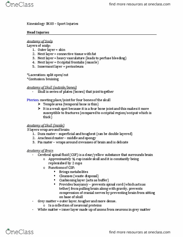 KINESIOL 3K03 Lecture Notes - Lecture 1: Headache, Homeostasis, Arachnoid Mater thumbnail