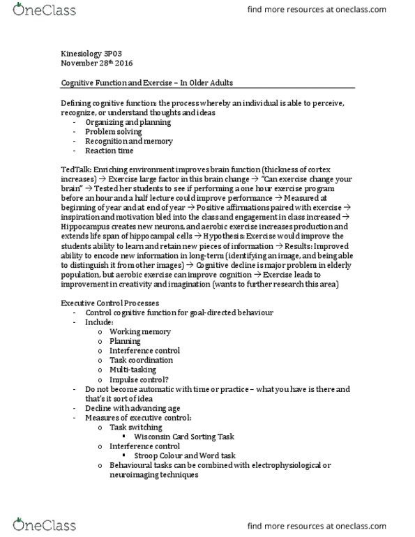 KINESIOL 3H03 Lecture Notes - Lecture 8: Executive Functions, Knowledge Translation, Angiogenesis thumbnail