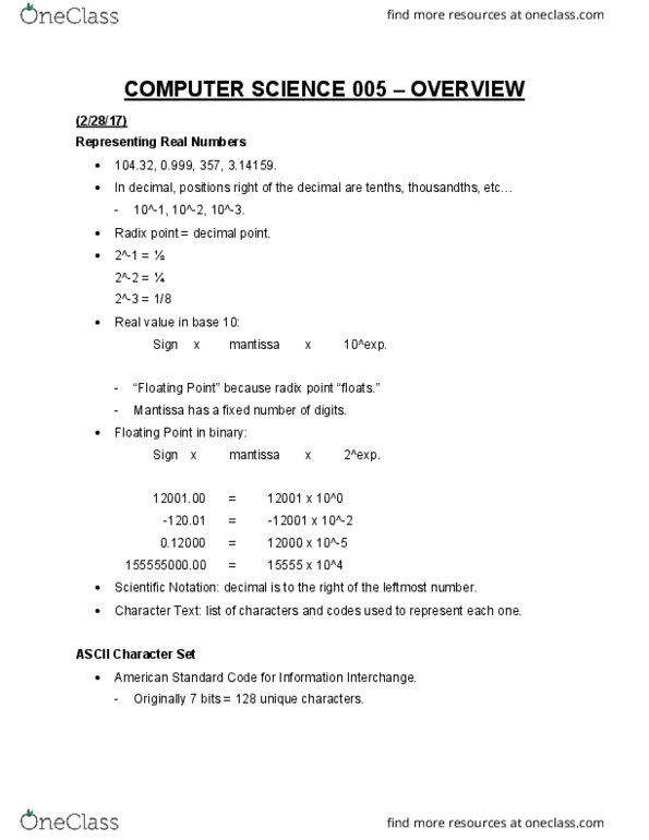 CSC 005 Lecture Notes - Lecture 6: Huffman Coding, Precoding, Radix Point thumbnail