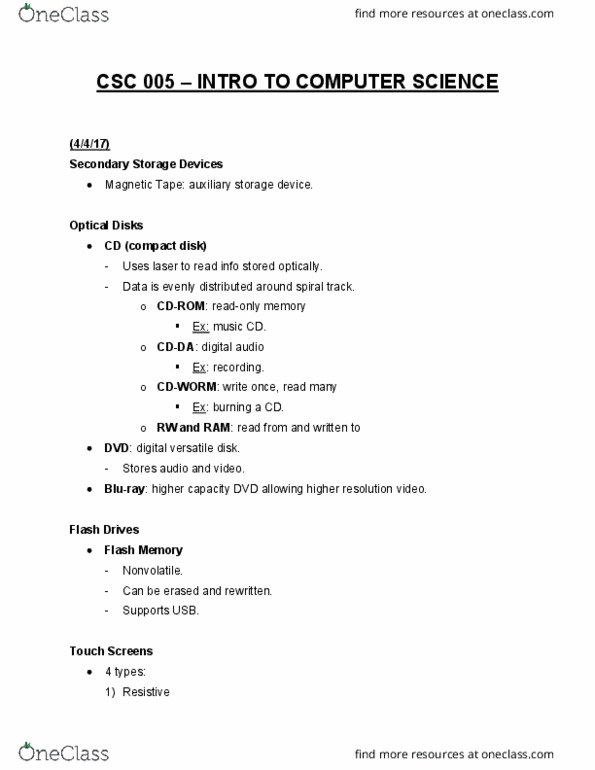 CSC 005 Lecture Notes - Lecture 9: Readwrite, Hard Disk Drive Performance Characteristics, Dvd thumbnail