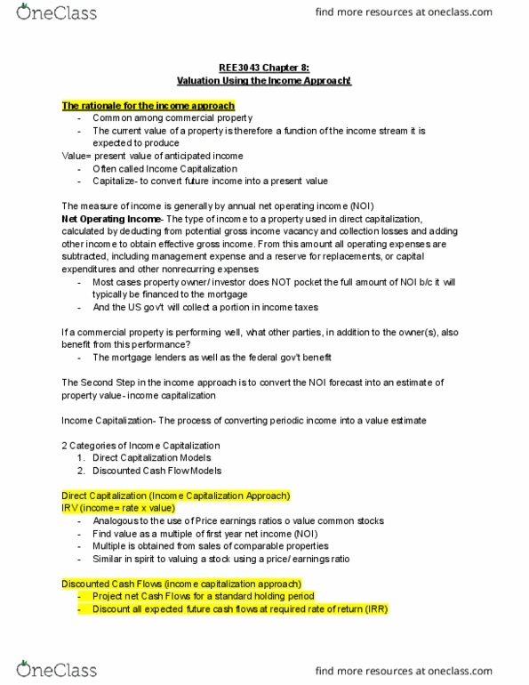 REE 3043 Chapter Notes - Chapter 8: Roll-Off, Earnings Before Interest And Taxes, Income Approach thumbnail