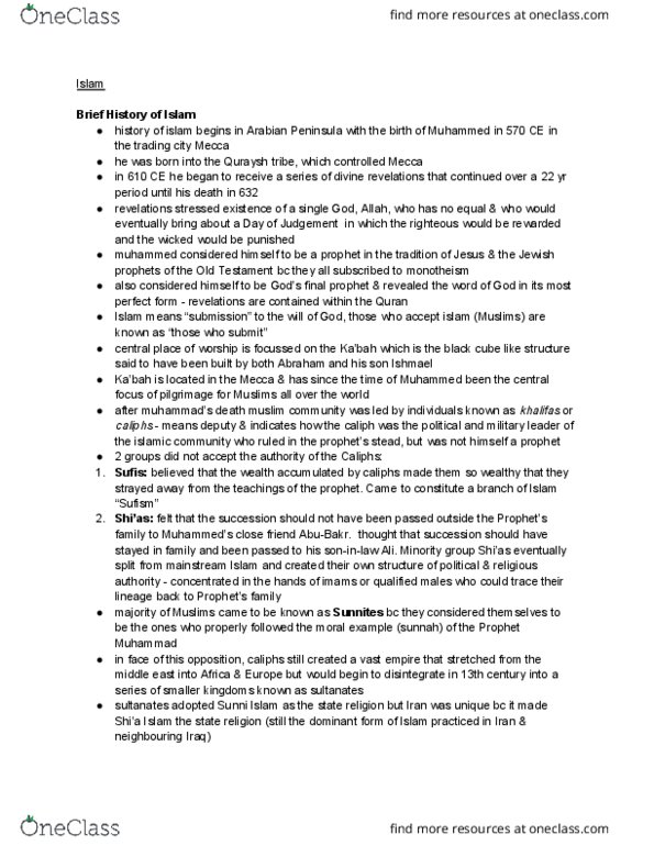 RELIGST 1B06 Lecture Notes - Lecture 3: Muhammad, Nevi'Im, Quraysh thumbnail