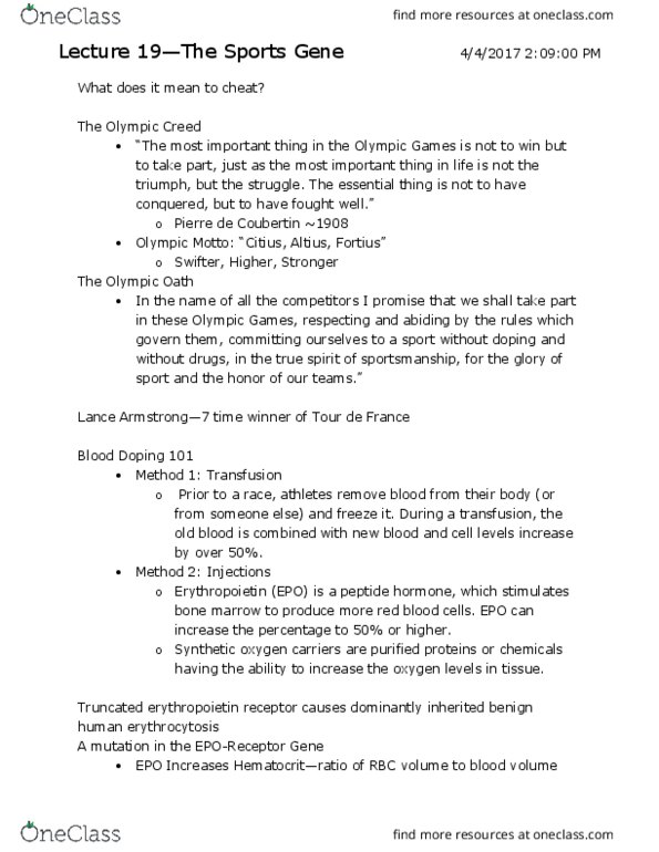 L & S C30Y Lecture Notes - Lecture 19: Erythropoietin Receptor, Polycythemia, Genetic Testing thumbnail