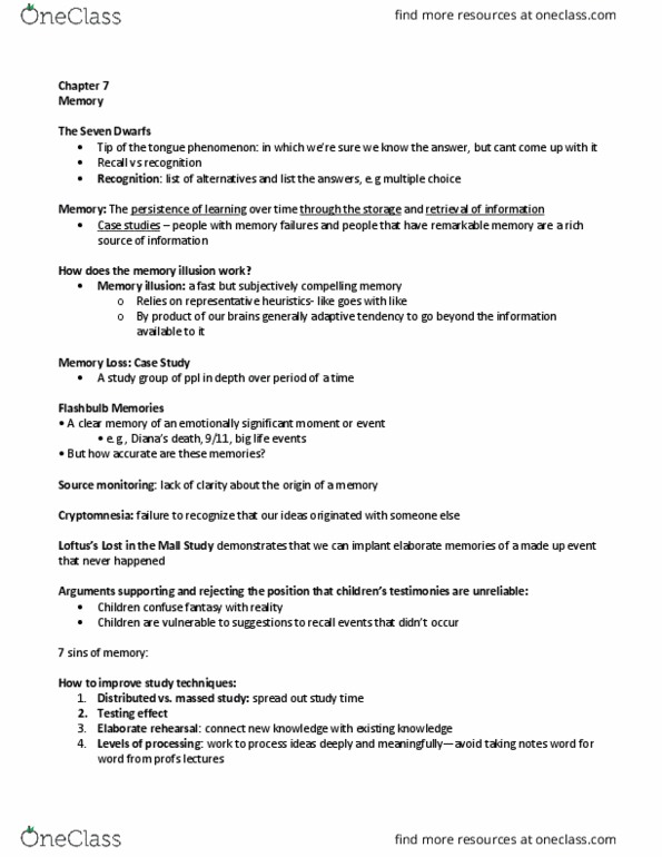 PSY 102 Lecture Notes - Lecture 11: Anterograde Amnesia, Karl Lashley, Cerebellum thumbnail