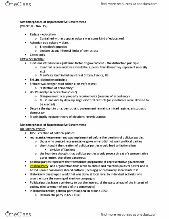 POLS 1000 Lecture Notes - Lecture 10: Republican Party (United States), Representative Democracy thumbnail