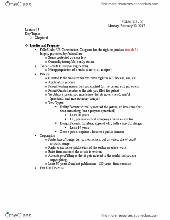 SCMA 323 Lecture Notes - Lecture 13: Trade Secret, Reverse Engineering thumbnail