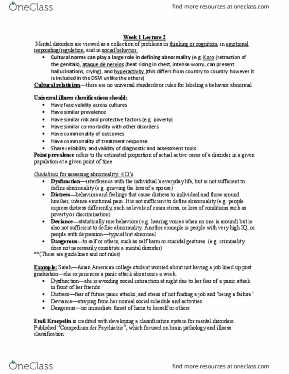 PSY 309 Lecture Notes - Lecture 2: Diagnostic And Statistical Manual Of Mental Disorders, Emil Kraepelin, Panic Attack thumbnail