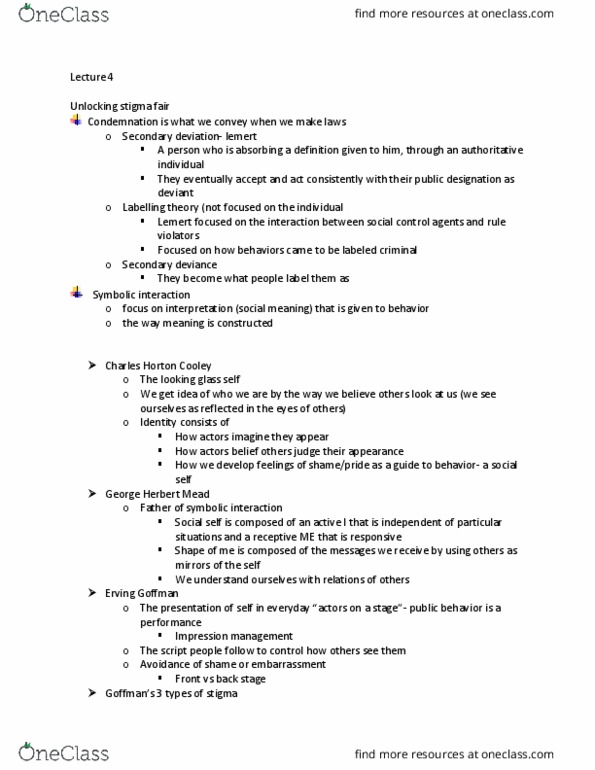 CRM/LAW C107 Lecture Notes - Lecture 4: Erving Goffman, Impression Management, George Herbert Mead thumbnail