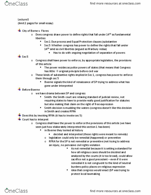 CRM/LAW C122 Lecture Notes - Lecture 8: Strict Scrutiny, Boerne, Texas, Civil Rights Cases thumbnail