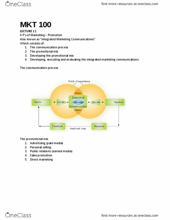 MKT 100 Lecture Notes - Lecture 11: Direct Marketing Association, Integrated Marketing Communications, Yonge-Dundas Square thumbnail