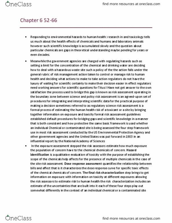 EESA10H3 Chapter Notes - Chapter 6: Biomonitoring, Asthma, Health Impact Assessment thumbnail