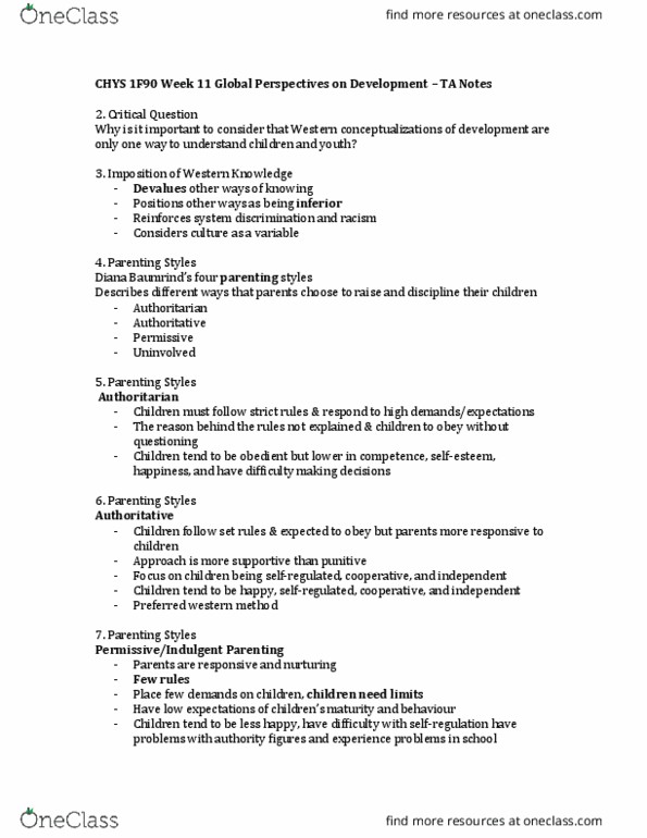 CHYS 1F90 Lecture Notes - Lecture 11: Barbara Rogoff, Parenting Styles, Eurocentrism thumbnail