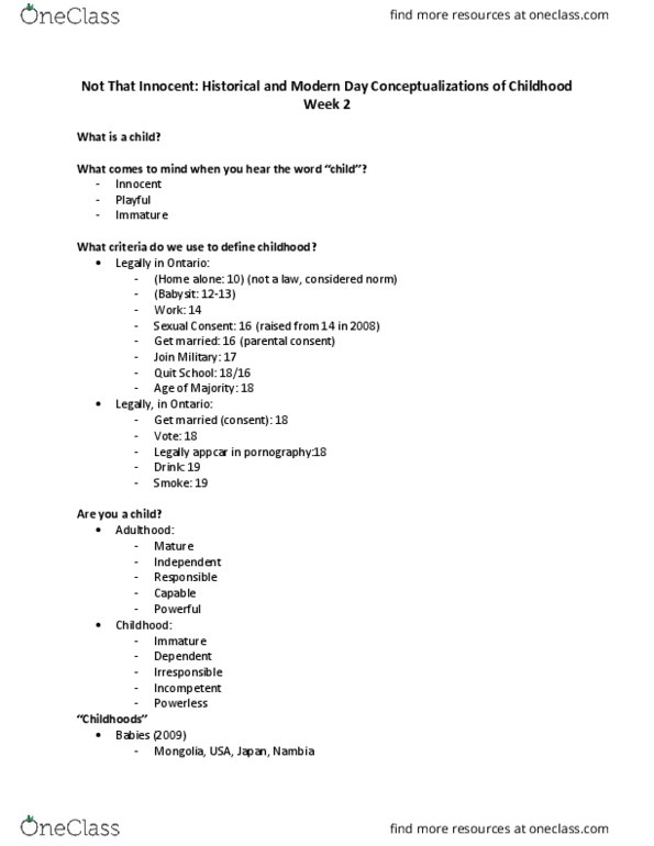 CHYS 1F90 Lecture Notes - Lecture 2: Socioeconomic Status, Romanticism, Century Child thumbnail