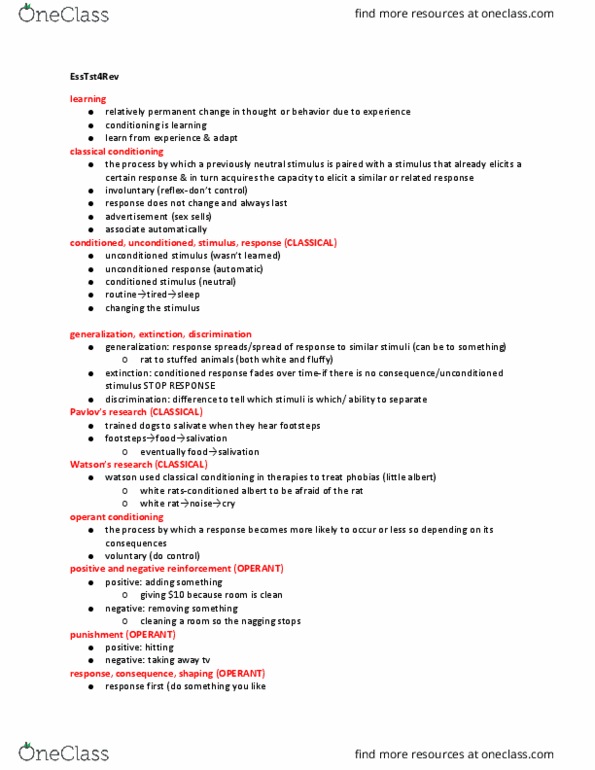 PSY 01107 Lecture Notes - Lecture 4: Operant Conditioning, Classical Conditioning, Reinforcement thumbnail