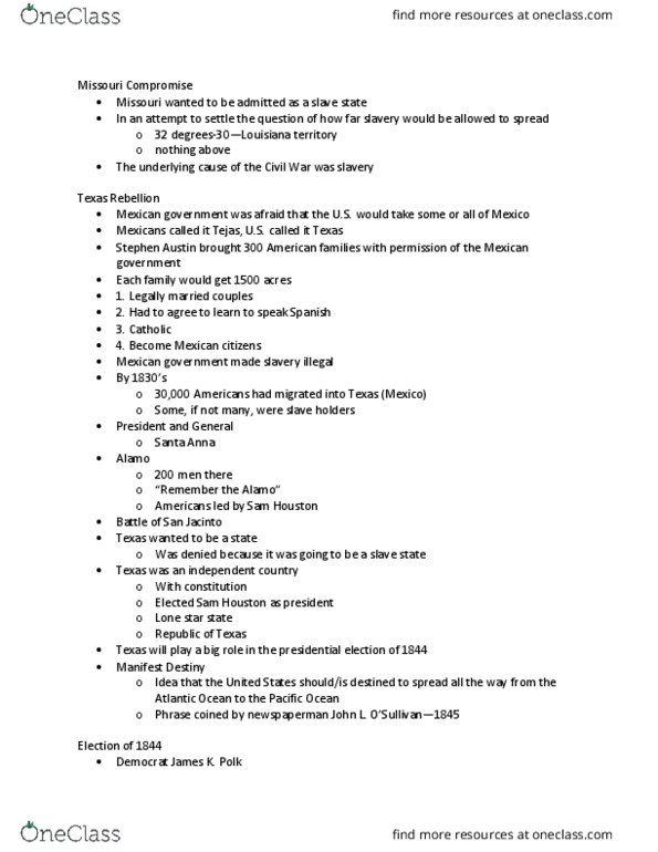 HIST 103 Lecture Notes - Lecture 22: Missouri Compromise thumbnail