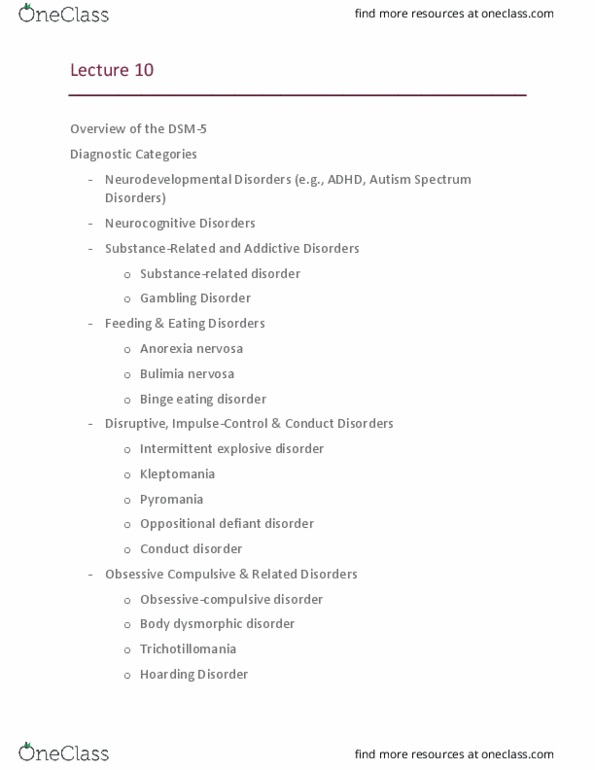 PSYC 1030H Lecture Notes - Lecture 10: Somatic Symptom Disorder, Social Anxiety Disorder, Major Depressive Disorder thumbnail